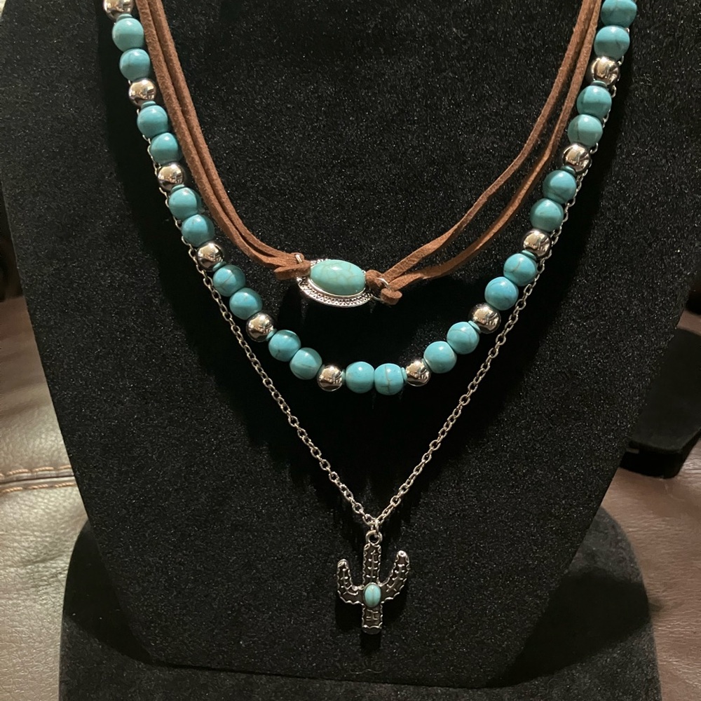 Turquoise Bead Layered Necklace with Cactus Pendant - Unbranded